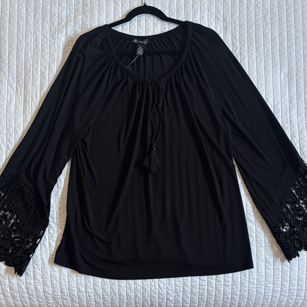 INC International Concepts Black Blouse with Lace Sleeves